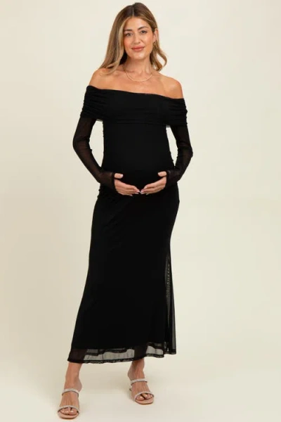 Pinkblush Mesh Overlay Off Shoulder Long Sleeve Midi Dress In Black