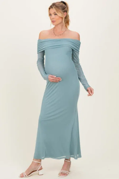 Pinkblush Mesh Overlay Off Shoulder Long Sleeve Midi Dress In Blue