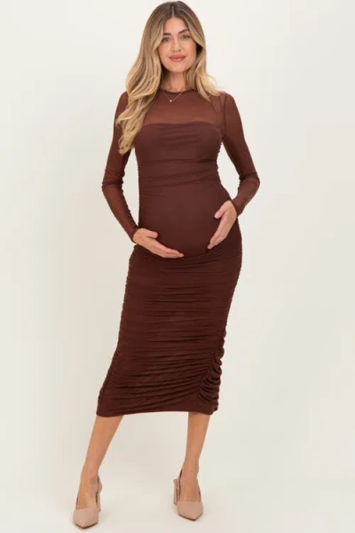 Pinkblush Mesh Ruched Long Sleeve Midi Dress In Brown