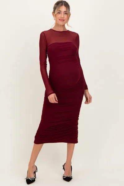 Pinkblush Mesh Ruched Long Sleeve Midi Dress In Burgundy