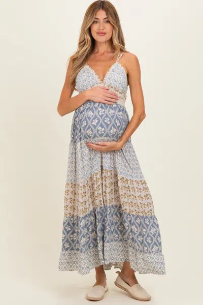 Pinkblush Mixed Floral Lace Trim Maxi Dress In Blue