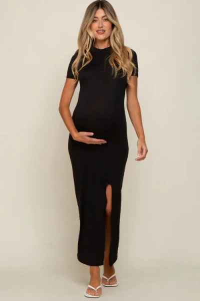 Pinkblush Mock Neck Front Slit Short Sleeve Maxi Dress In Black