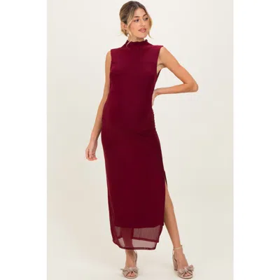 Pinkblush Mock Neck Ruched Mesh Midi Dress In Burgundy