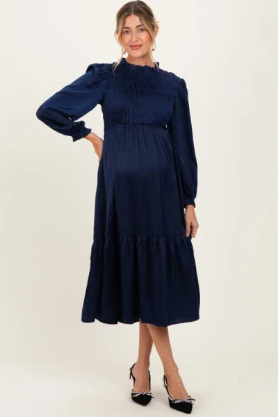 Pinkblush Mock Neck Satin Smocked Chest Dress In Blue