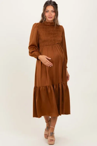 Pinkblush Mock Neck Satin Smocked Chest Dress In Brown