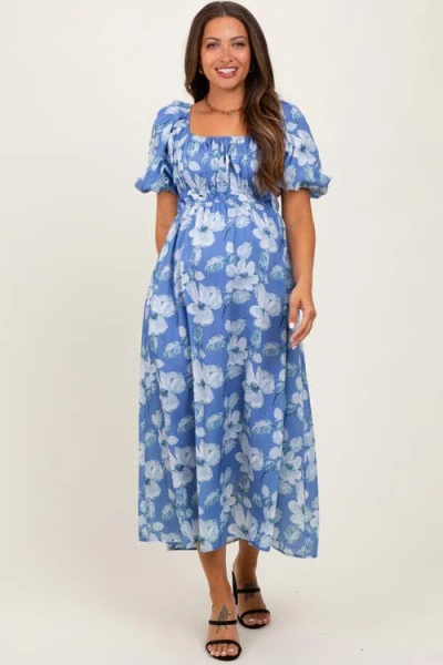Pinkblush Multi Printed Floral Square Neck Midi Dress In Blue