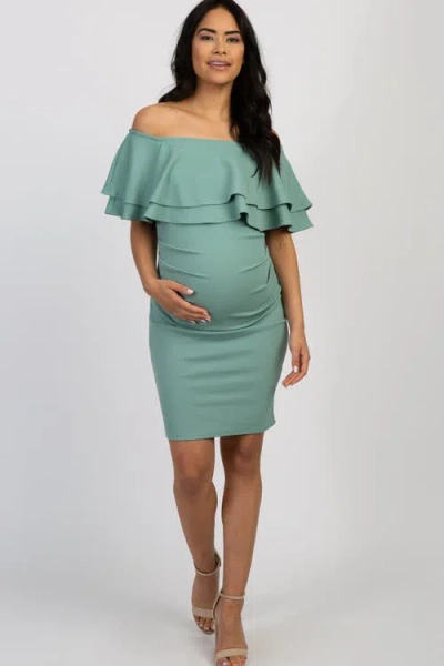 Pinkblush Off Shoulder Fitted Maternity Dress In Blue