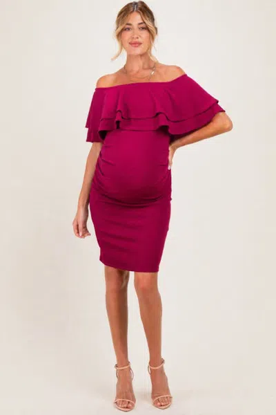 Pinkblush Off Shoulder Ruched Maternity Dress In Magenta