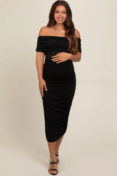 Pinkblush Off Shoulder Ruched Midi Dress In Black