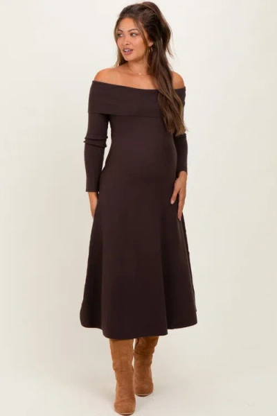 Pinkblush Off Shoulder Sweater Midi Dress In Brown