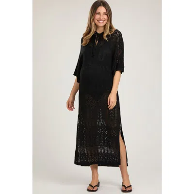 Pinkblush Open Knit Front Tie Side Slit Midi Swim Cover Up In Black