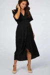 Pinkblush Open Sleeve Wrap Midi Dress In Black