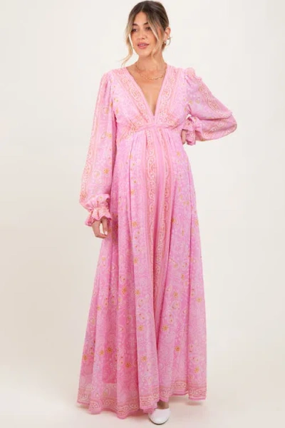 Pinkblush Paisley Deep V-neck Long Sleeve Maxi Dress