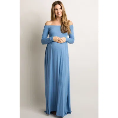 Pinkblush Petite Solid Off Shoulder Maxi Dress In Blue