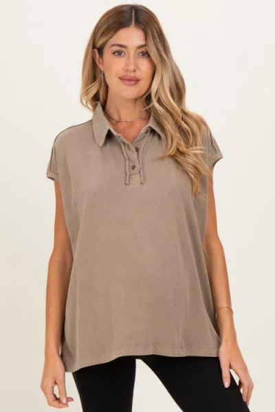 Pinkblush Pigment Dye Sleeveless Polo Oversized Top In Brown
