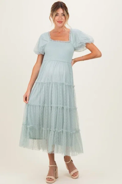 Pinkblush Pink Tulle Tulle Puff Sleeve Smocked Midi Dress In Green