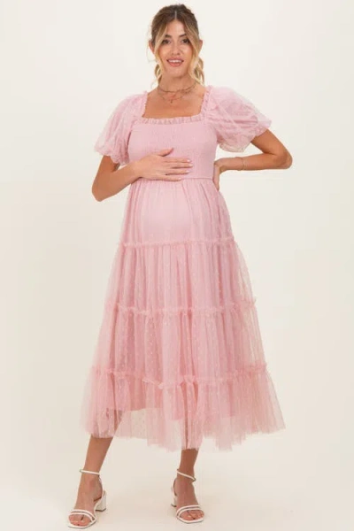 Pinkblush Pink Tulle Tulle Puff Sleeve Smocked Midi Dress In Neutral