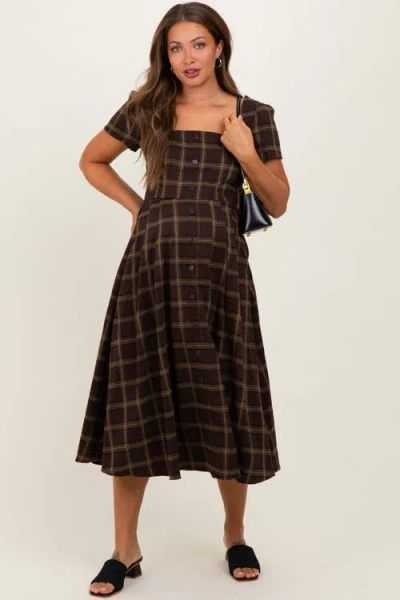 Pinkblush Plaid Button Down Midi Dress In Brown