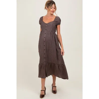 Pinkblush Plaid Puff Sleeve Button Down Maxi Dress In Gray