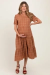 Pinkblush Plaid Tiered Short Sleeve Dress In Brown