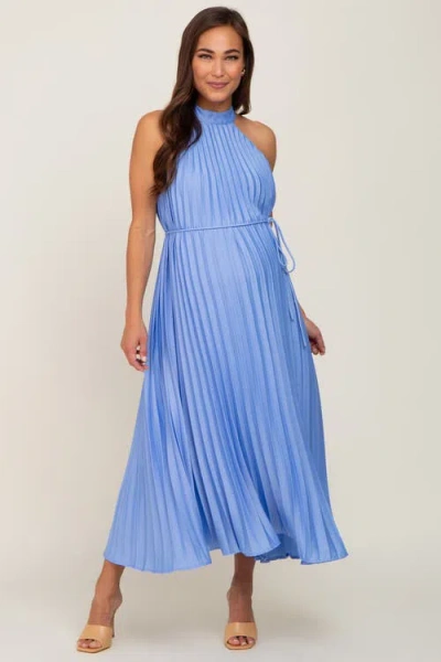 Pinkblush Pleated Halter Dress In Blue