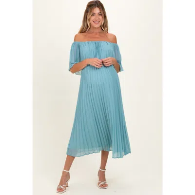 Pinkblush Pleated Off Shoulder Flounce Midi Dress In Blue