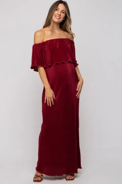 Pinkblush Pleated Ruffle Off Shoulder Maxi Dress In Red