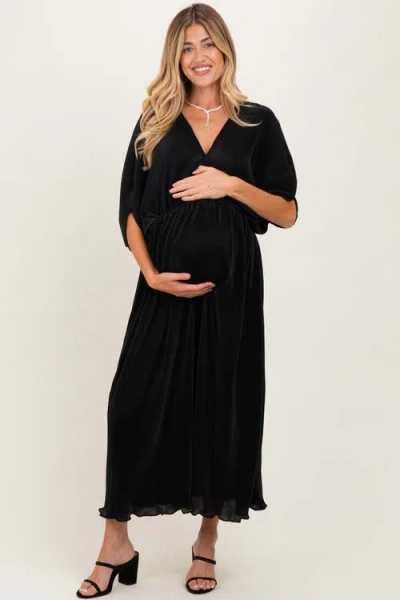 Pinkblush Pleated Satin Dolman Sleeve Maxi Dress In Black