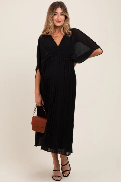 Pinkblush Pleated V Neck Maxi Dress In Black