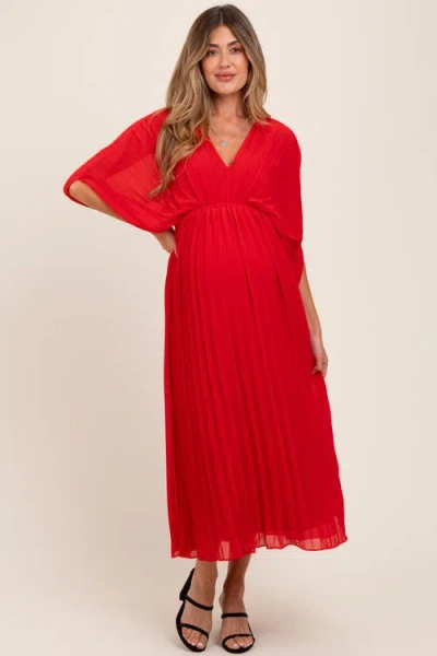 Pinkblush Pleated V Neck Maxi Dress In Red