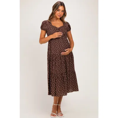 Pinkblush Polka Dot Short Sleeve Midi Dress In Brown