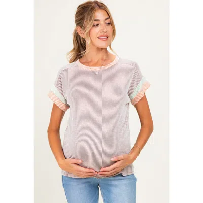 Pinkblush Rib Color Block Short Sleeve Top In Mocha