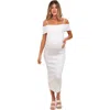 Pinkblush Rib Knit Off Shoulder Fitted Midi Dress In White