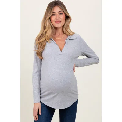 Pinkblush Ribbed Collared Long Sleeve Top In Gray