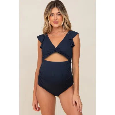 Pinkblush Ribbed Cutout Flutter One Piece Maternity Swimsuit In Blue