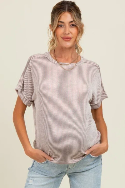 Pinkblush Ribbed Exposed Seam Short Sleeve Top In Brown