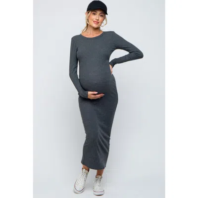Pinkblush Ribbed Fitted Long Sleeve Midi Dress In Gray