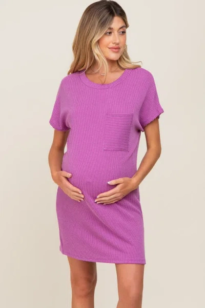Pinkblush Ribbed Front Pocket Dolman Short Sleeve Dress In Purple