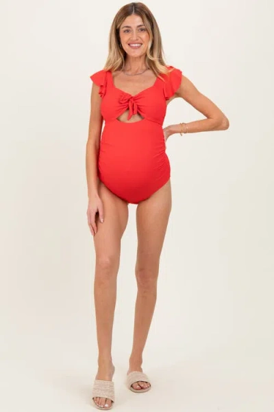 Pinkblush Ribbed Front Tie Cutout Ruched Maternity Swimsuit In Red