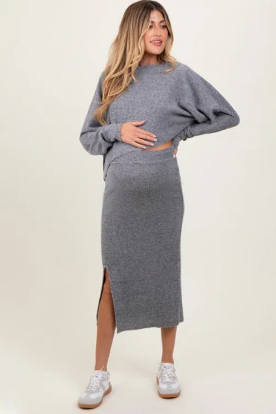 Pinkblush Ribbed Knit Asymmetric Top Midi Skirt Set In Gray