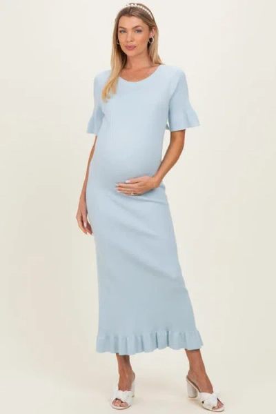 Pinkblush Ribbed Knit Bow Back Ruffle Accent Dress In Blue