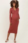 Pinkblush Ribbed Knit Button Down Long Sleeve Midi Dress In Brown