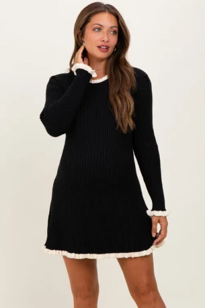 Pinkblush Ribbed Knit Contrast Ruffle Trim Mini Dress In Black