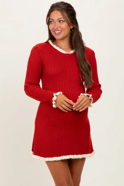 Pinkblush Ribbed Knit Contrast Ruffle Trim Mini Dress In Red