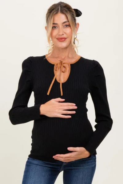 Pinkblush Ribbed Knit Cutout Tie Front Top In Black