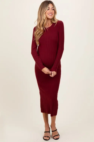 Pinkblush Ribbed Knit Fitted Midi Sweater Dress In Burgundy