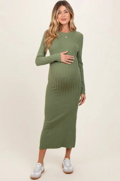 Pinkblush Ribbed Knit Fitted Midi Sweater Dress In Green