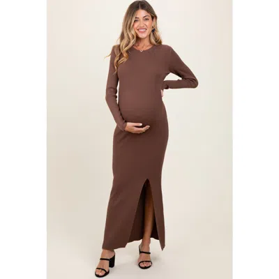 Pinkblush Ribbed Knit Long Sleeve Side Slit Maxi Dress In Brown