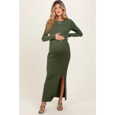 Pinkblush Ribbed Knit Long Sleeve Side Slit Maxi Dress In Green