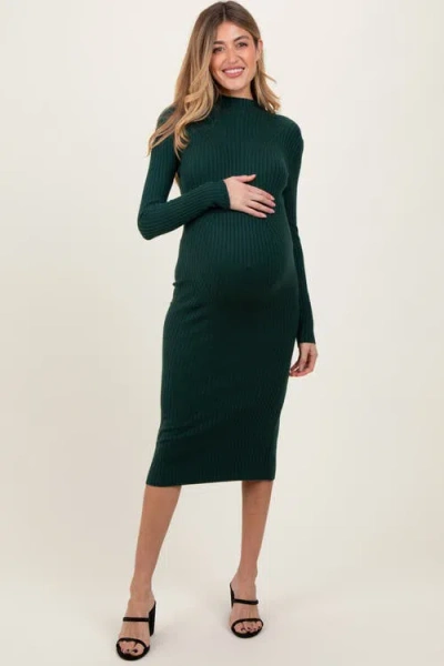 Pinkblush Ribbed Knit Mock Neck Long Sleeve Midi Dress In Green